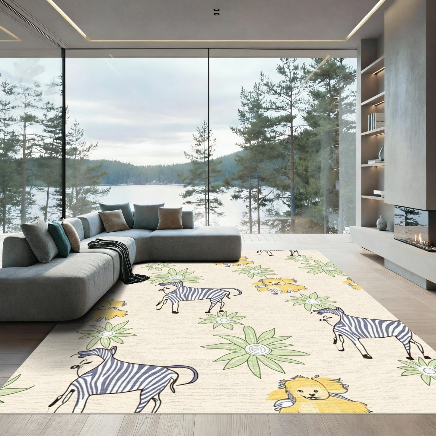 Whimsical Yellow Lion Zebra Floral Rug