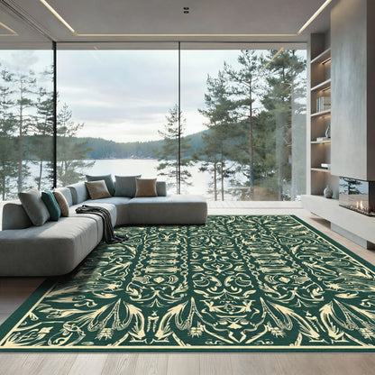Dark Green Ivory Ornate Floral Scroll Rug