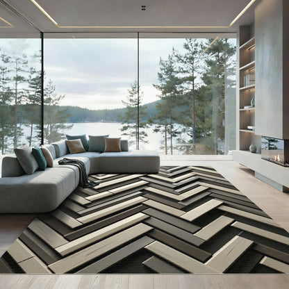 Neutral Herringbone Chevron Grey Wood Grain Rug