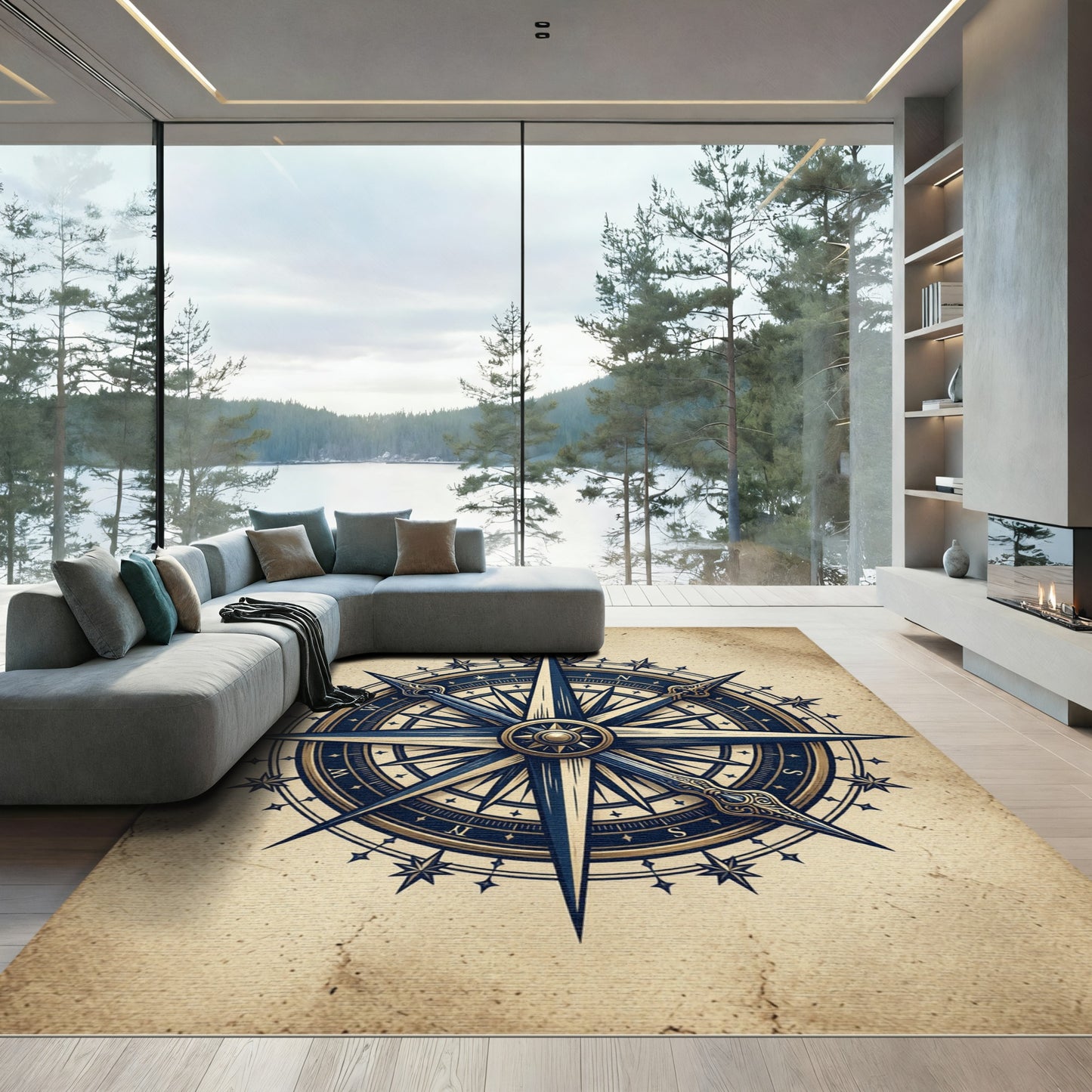 Vintage Navy Gold Nautical Compass Rug