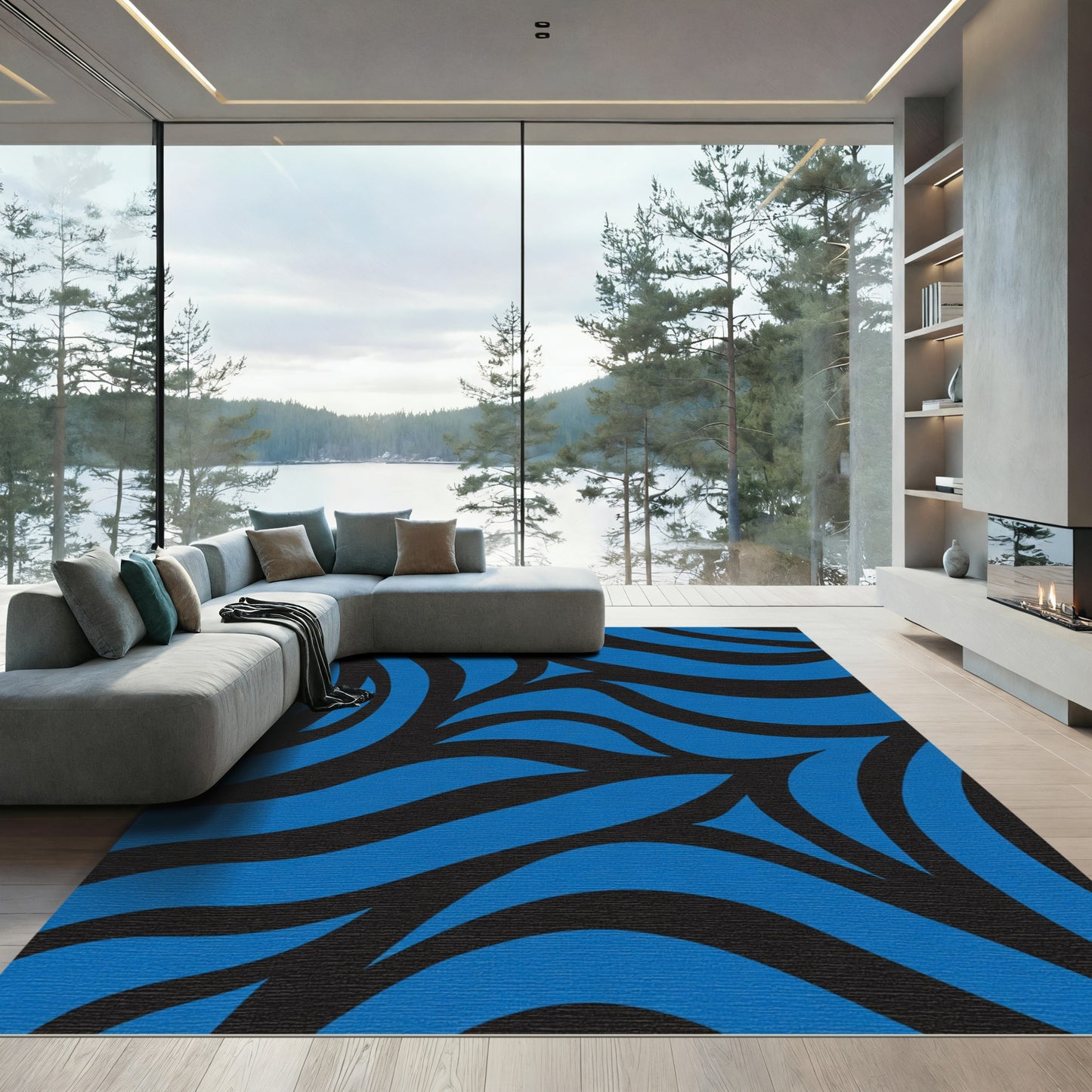 Bold Blue And Black Organic Swirls Rug