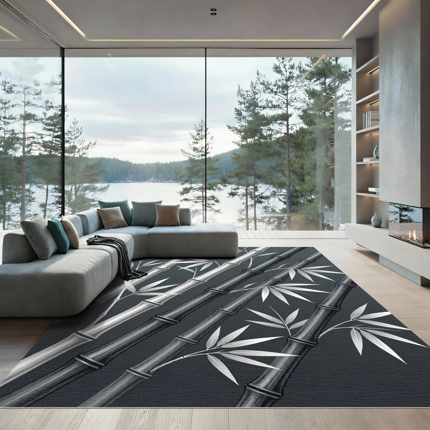 Monochromatic Bamboo Stalks With Leaves Rug