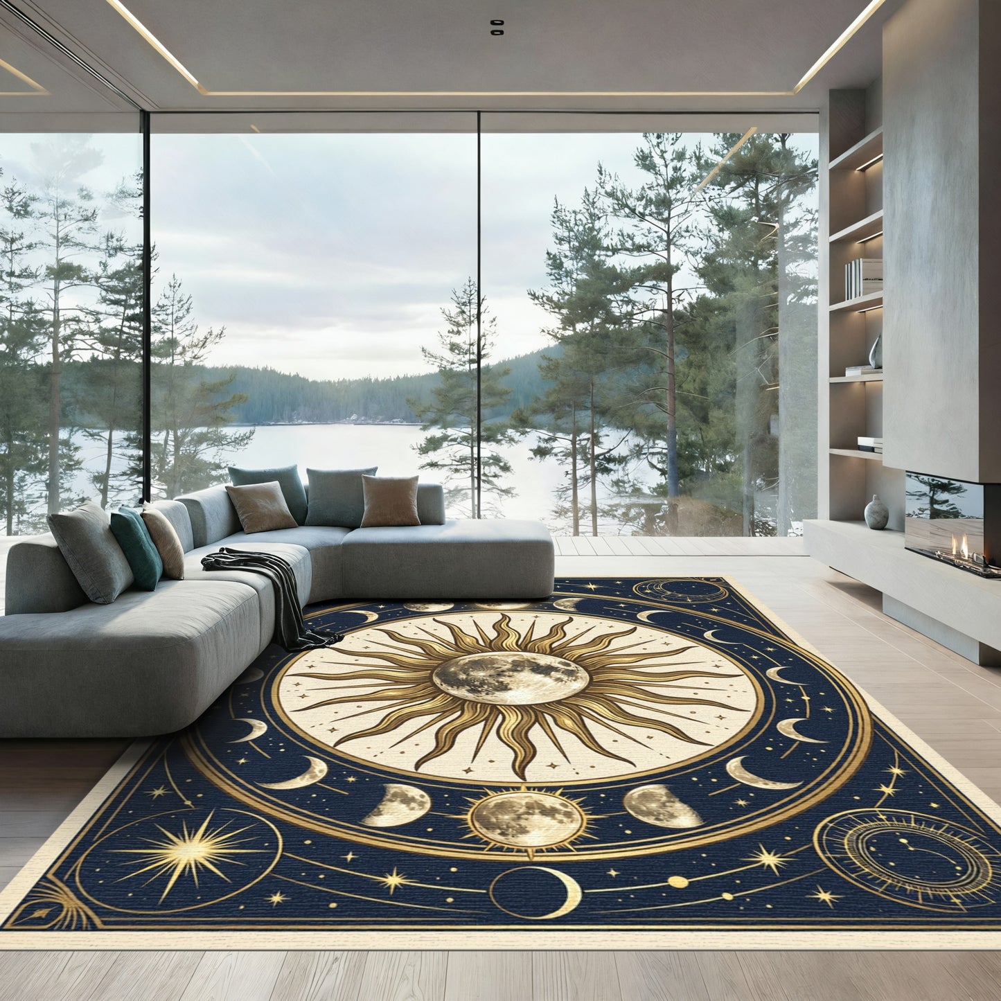 Celestial Golden Moon and Sun Art Rug