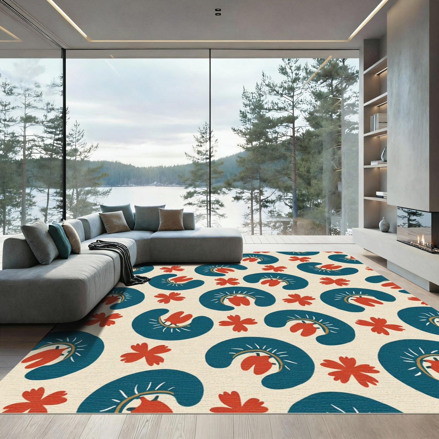 Teal Coral Floral Spaced Arrangement Rug