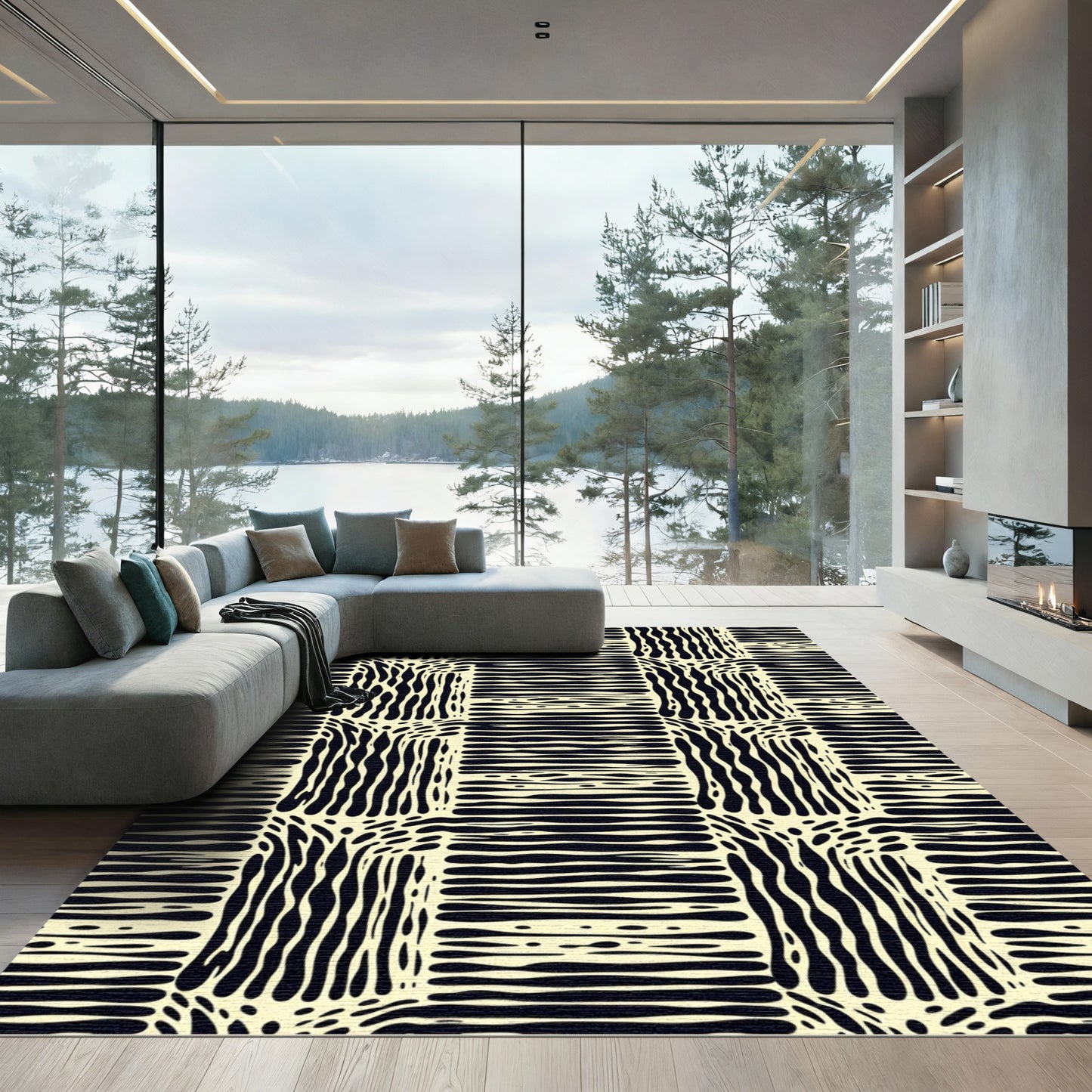 Cream Black Interlocking Organic Squares Rug