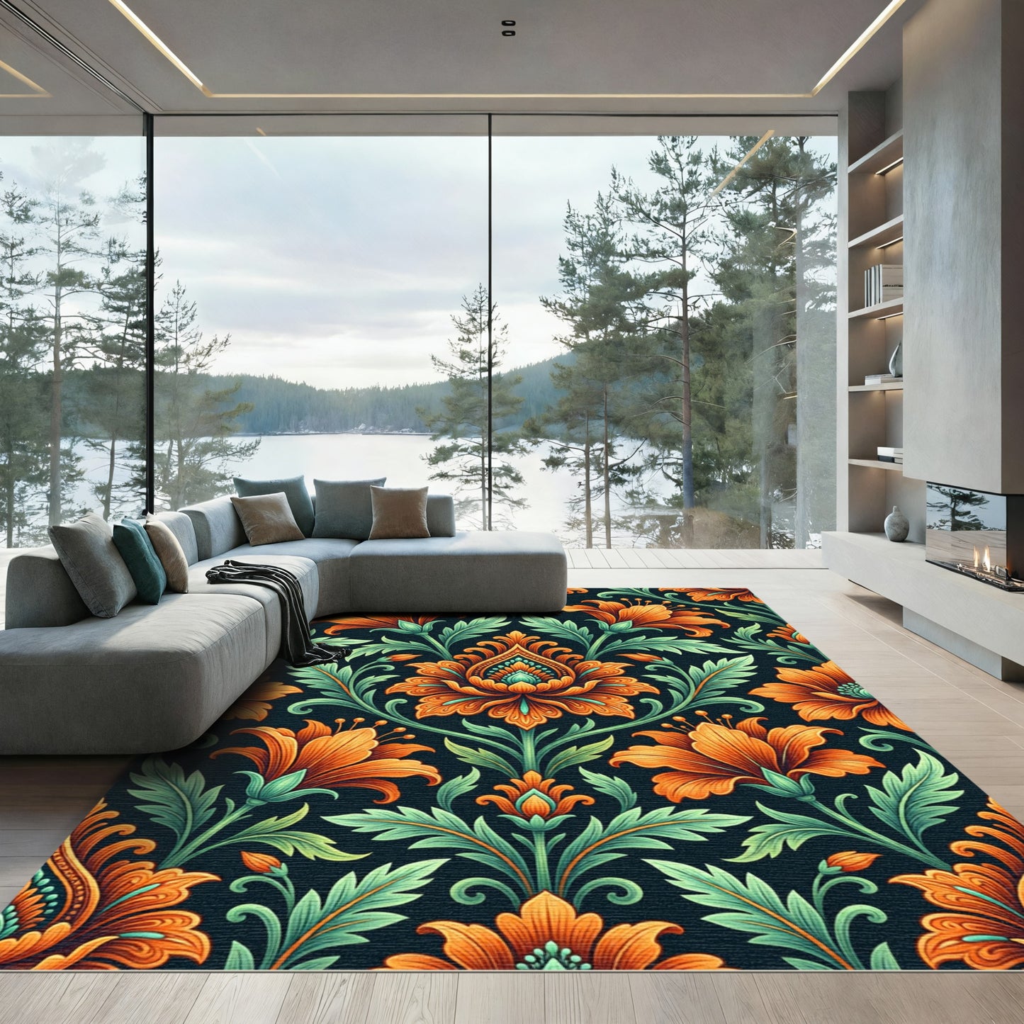 Vibrant Orange Floral Damask Art Rug