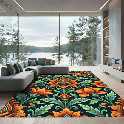 Vibrant Orange Floral Damask Art Rug