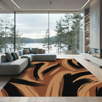 Bold Brown Black Brushstroke Swirl Rug