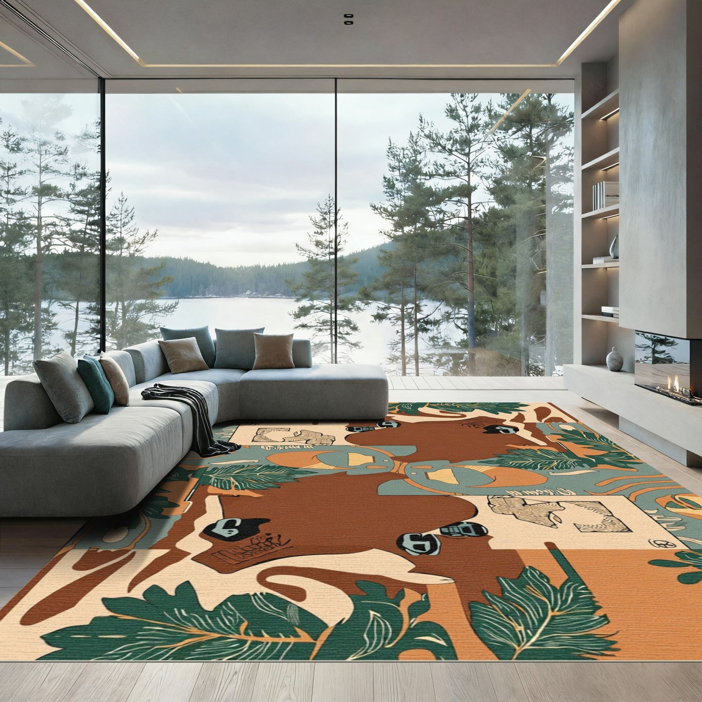 Brown Ochre Green Abstract Leaf Collage Rug