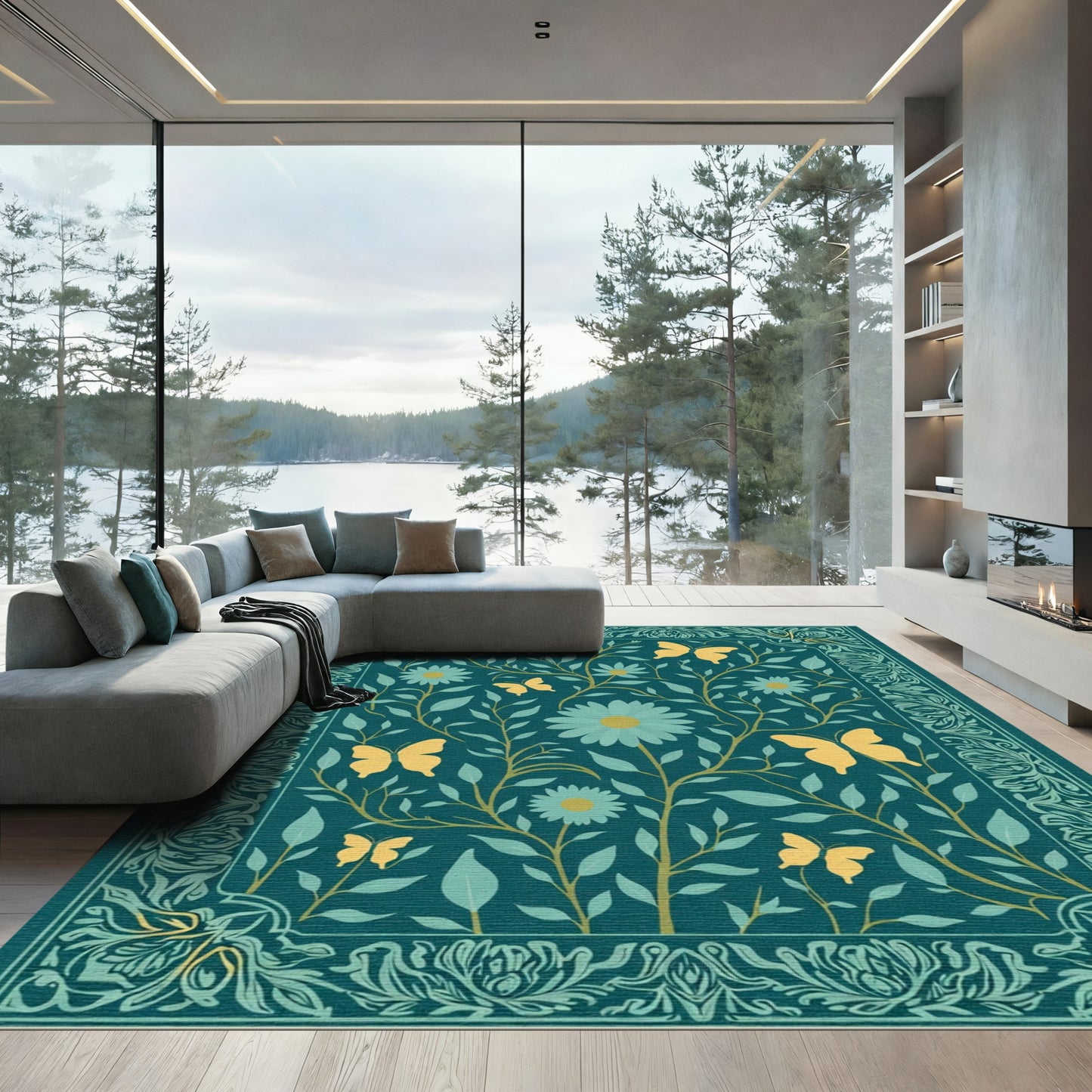 Teal Yellow Butterfly Floral Garden Rug