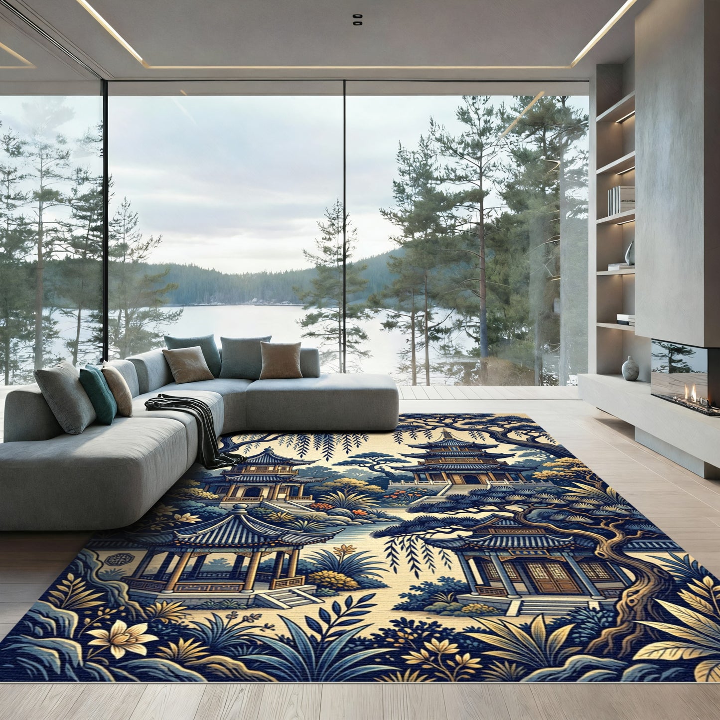 Blue Pagoda Garden Zen Landscape Rug