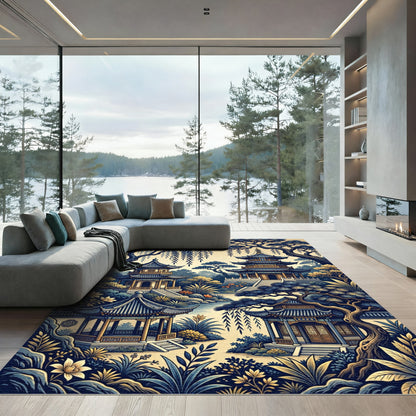 Blue Pagoda Garden Zen Landscape Rug