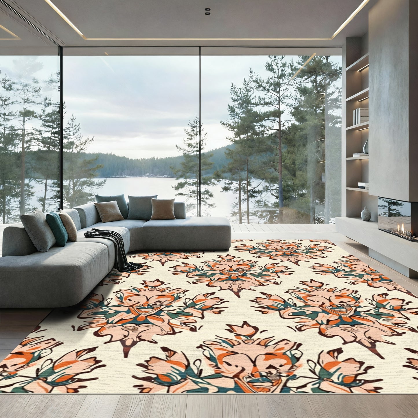 Coral Peach Teal Abstract Crest Rug