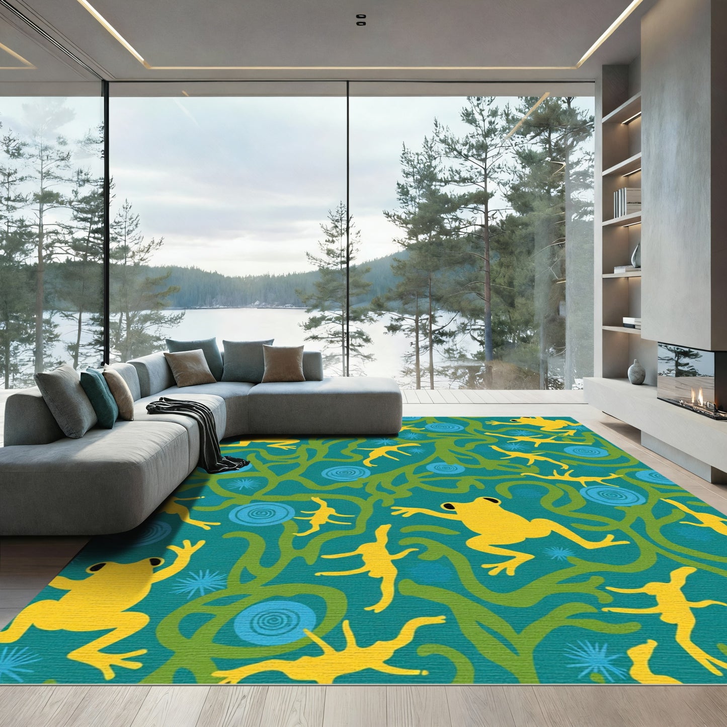 Yellow Frogs Green Vines Blue Swirls Rug