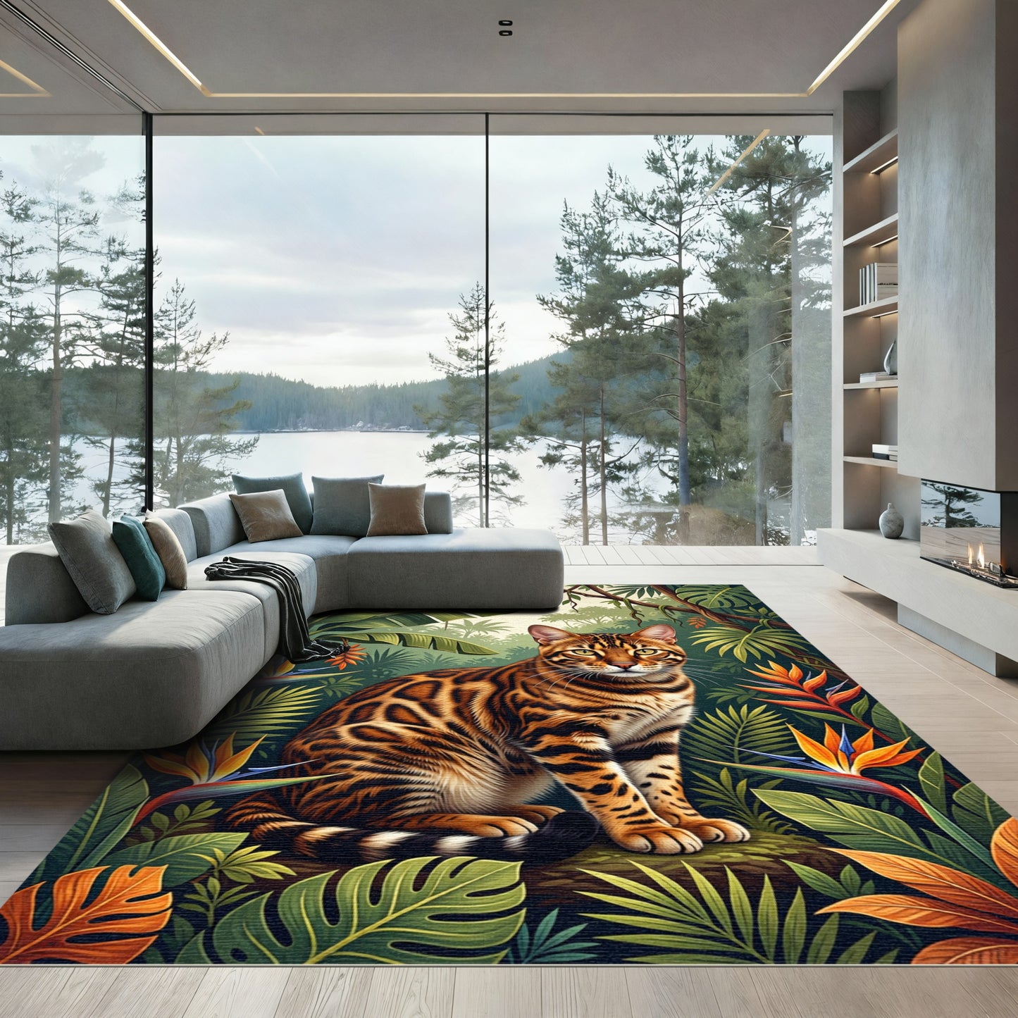 Exotic Bengal Cat Lush Tropical Jungle Rug