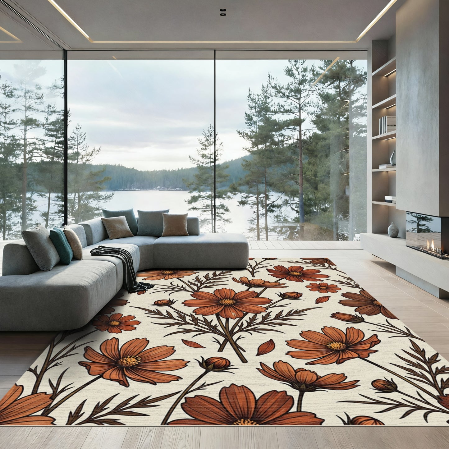 Burnt Orange Botanical Cosmos Floral Rug
