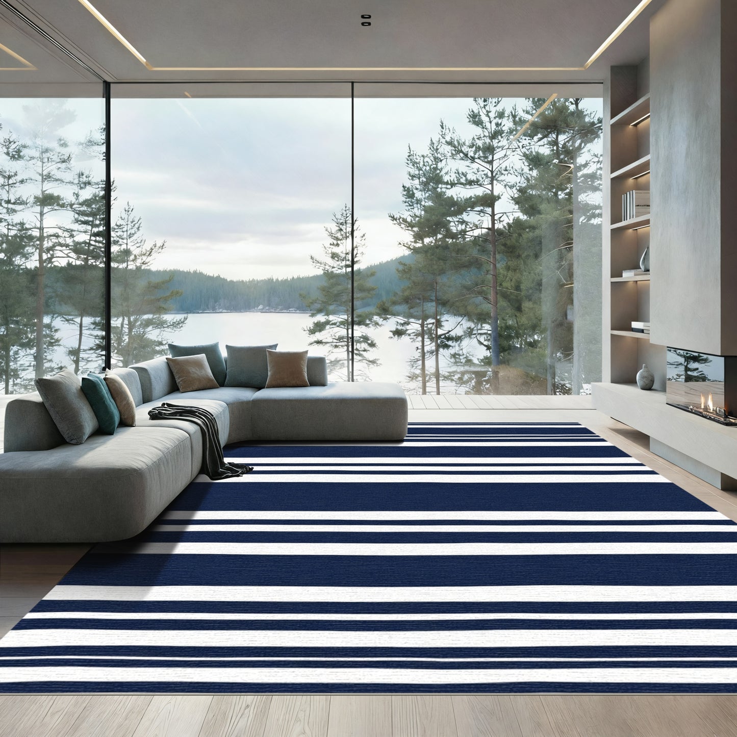 Classic Navy White Striped Rug