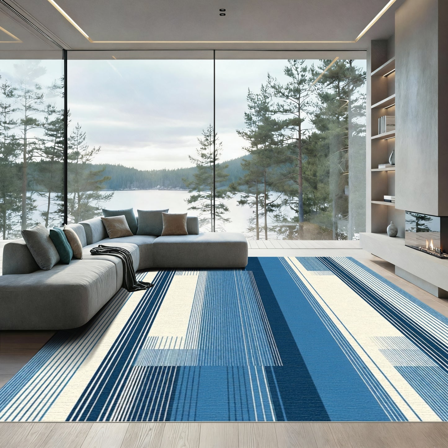 Deep Blue Abstract Vertical Stripe Rug