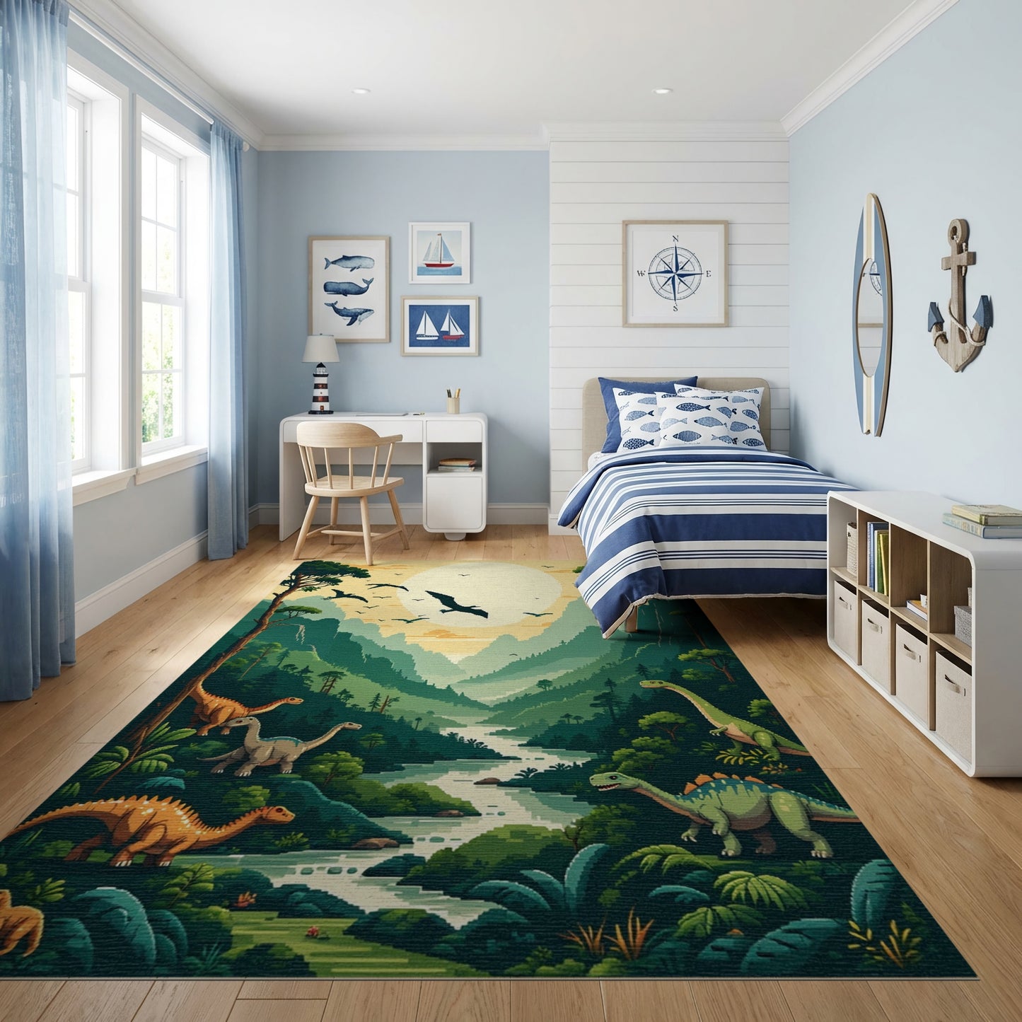 Vibrant Dinosaur Valley Sunset Mountain Rug