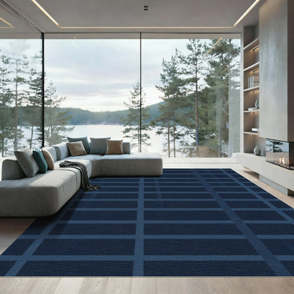 Deep Blue Geometric Grid Rug