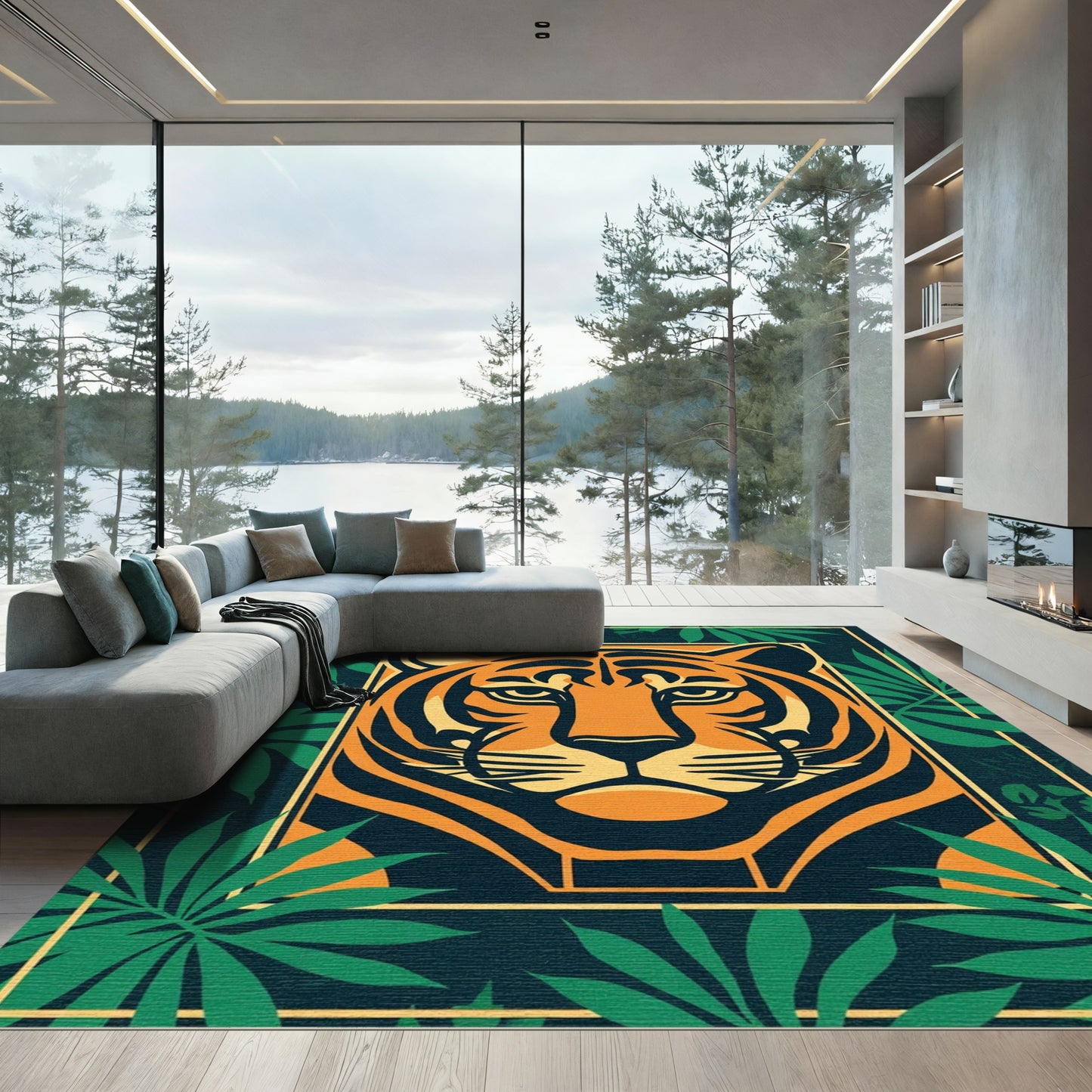 Bold Orange Tiger Tropical Leaves Rug
