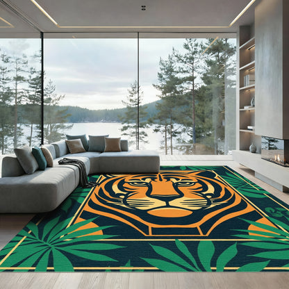Bold Orange Tiger Tropical Leaves Rug