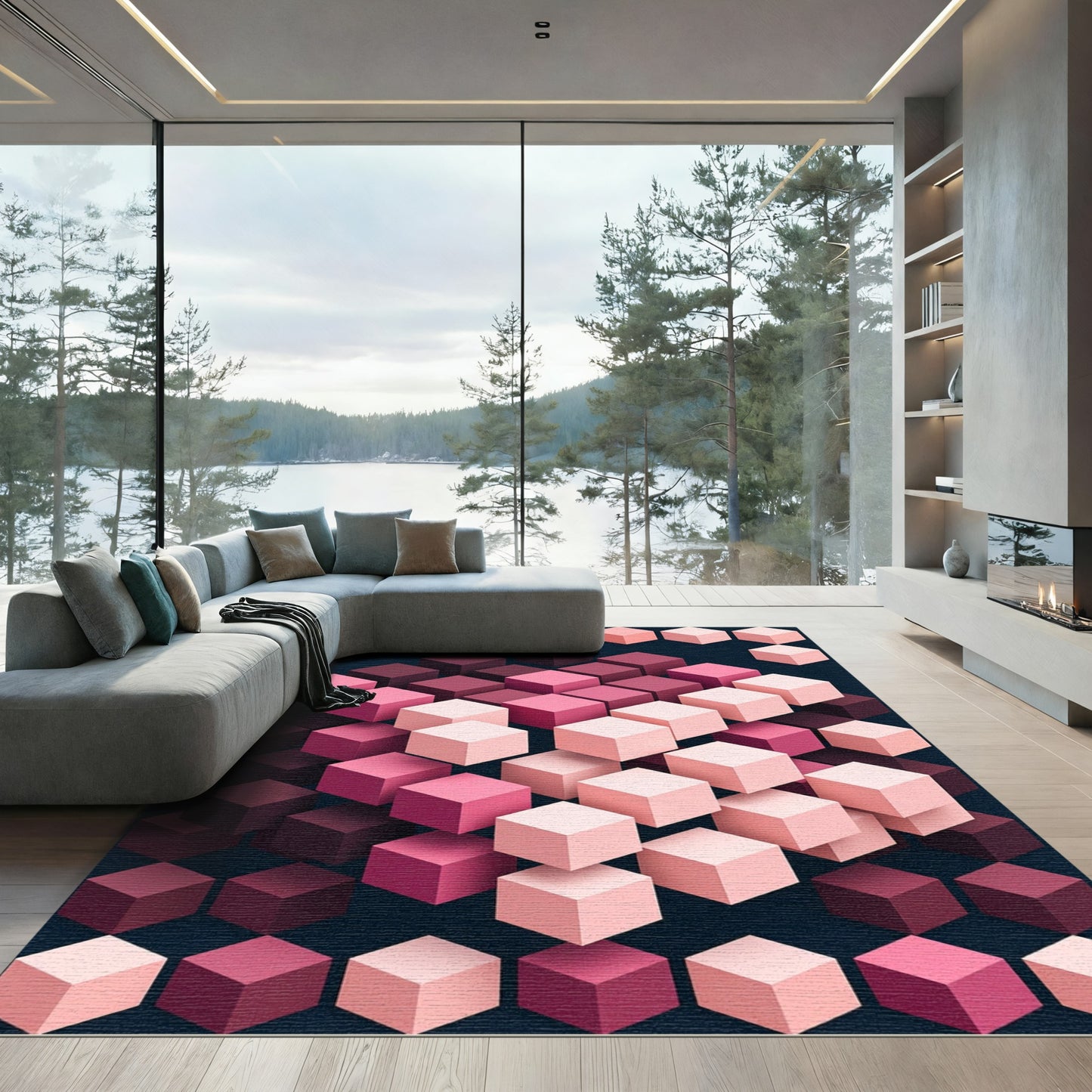 Pink Cubes Gradient Composition Rug