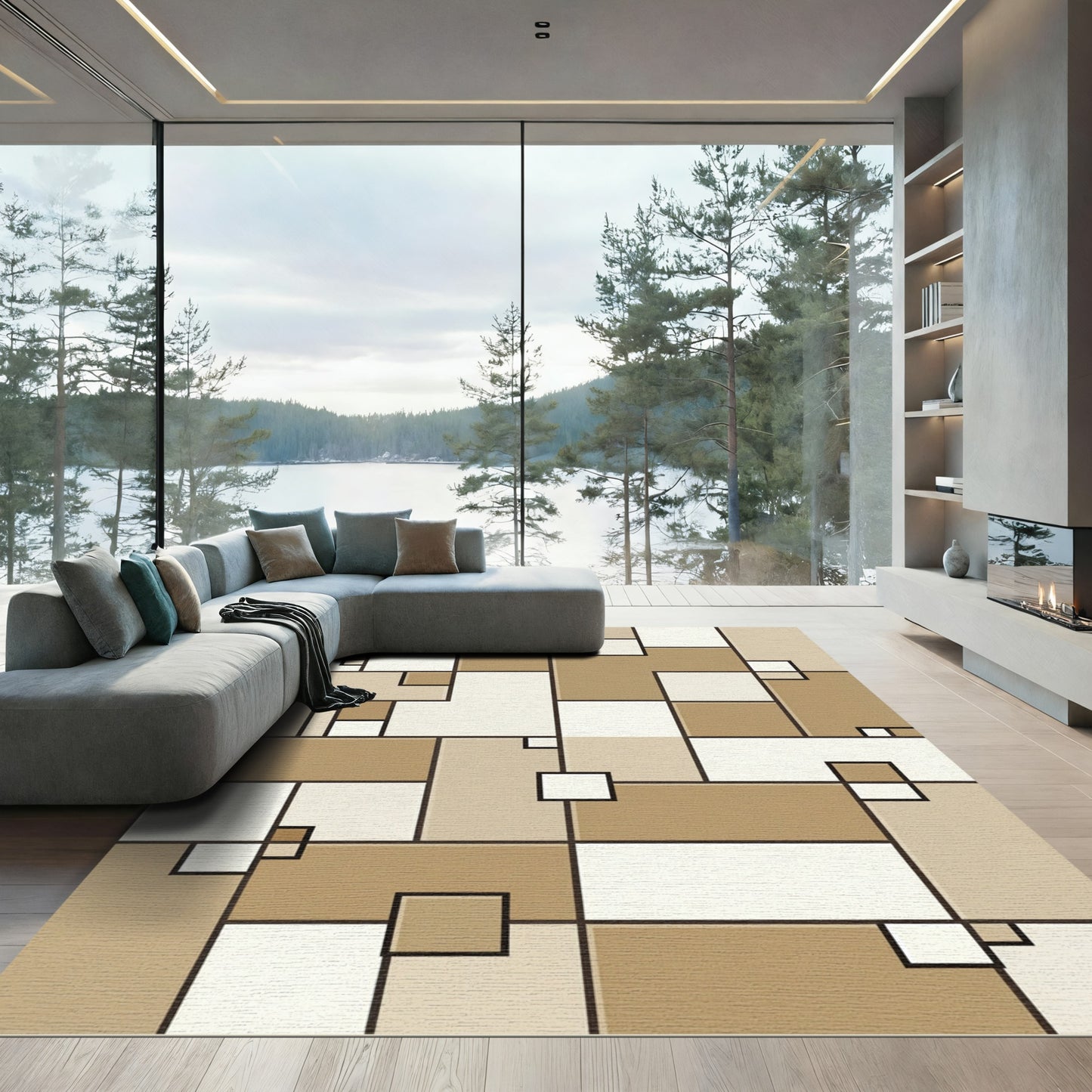 Brown Cream Geometric Rectangular Composition Rug