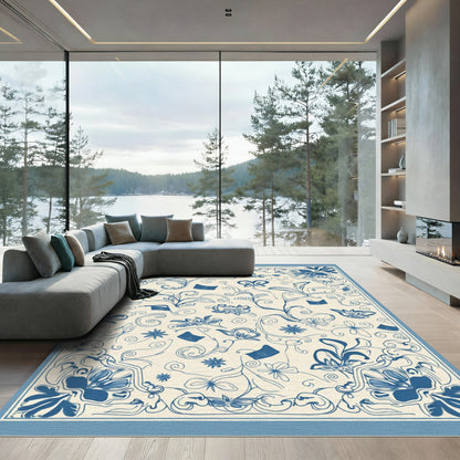 Blue and Ivory Floral Scrolling Vines Area Rug