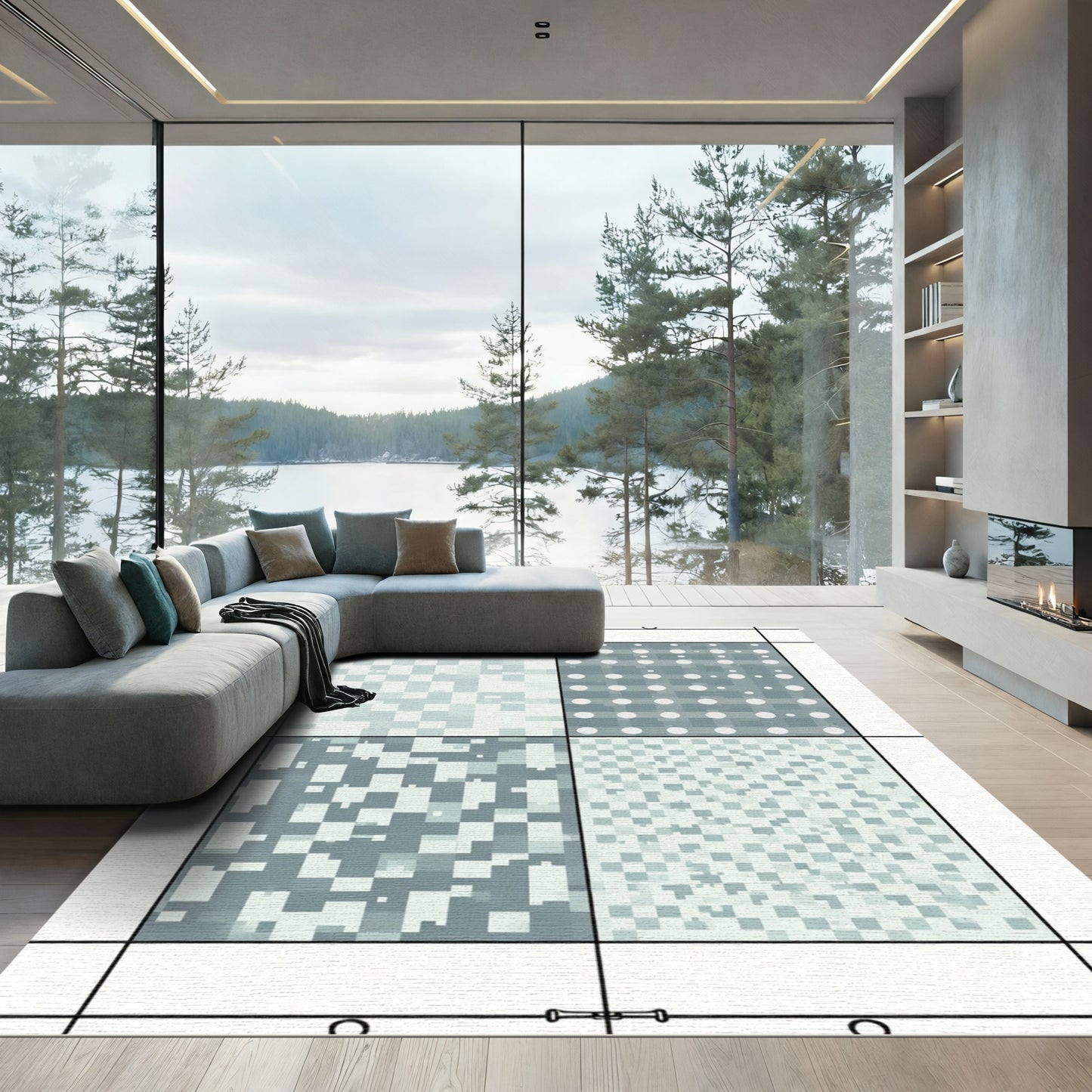 Geometric Ice Blue Pixelated Squares Rug