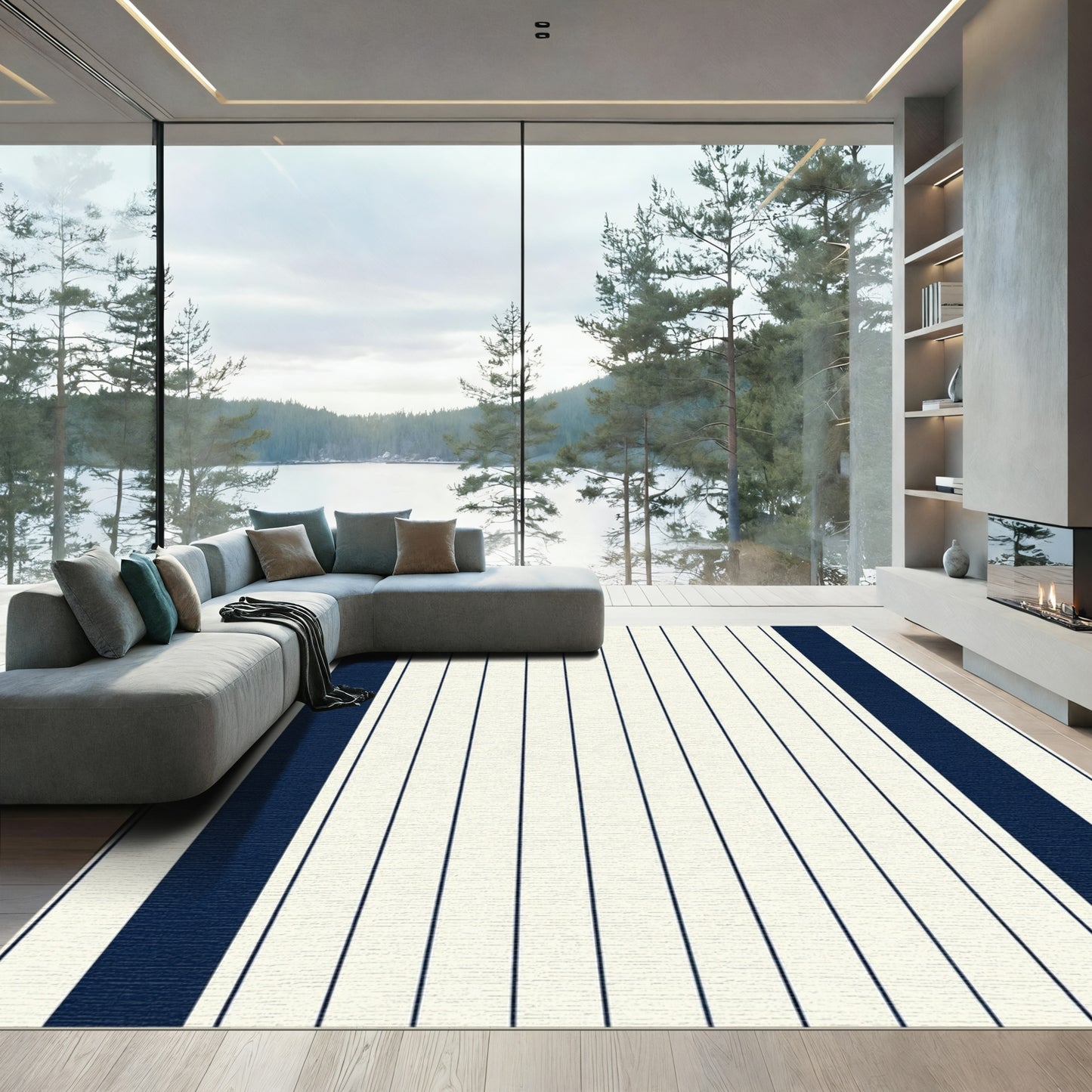 Deep Navy Cream Vertical Stripe Rug