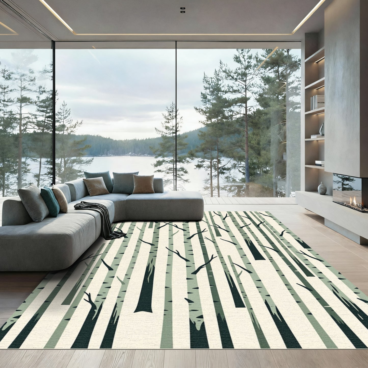 Minimalist Sage Forest Birch Tree Rug