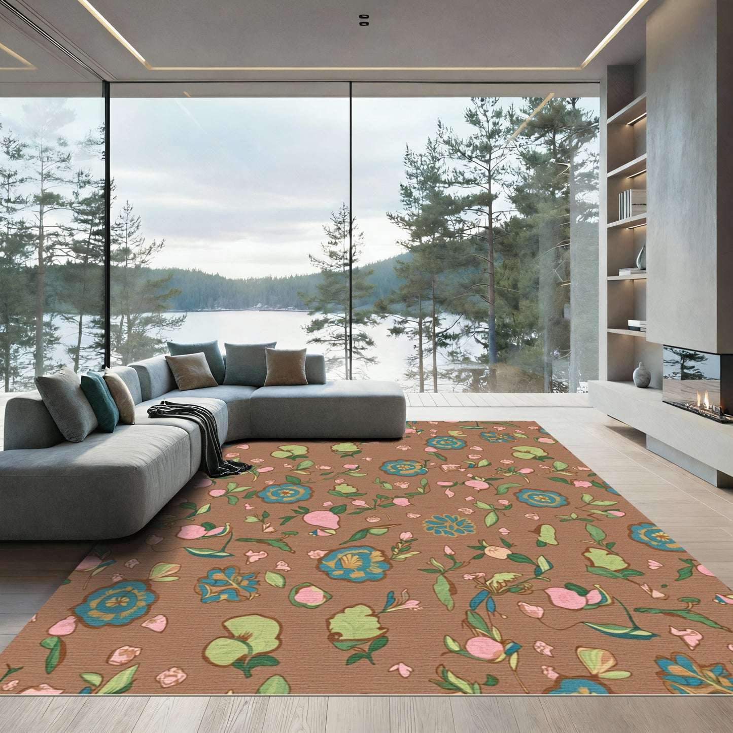 Brown Floral Garden Medallion Rug