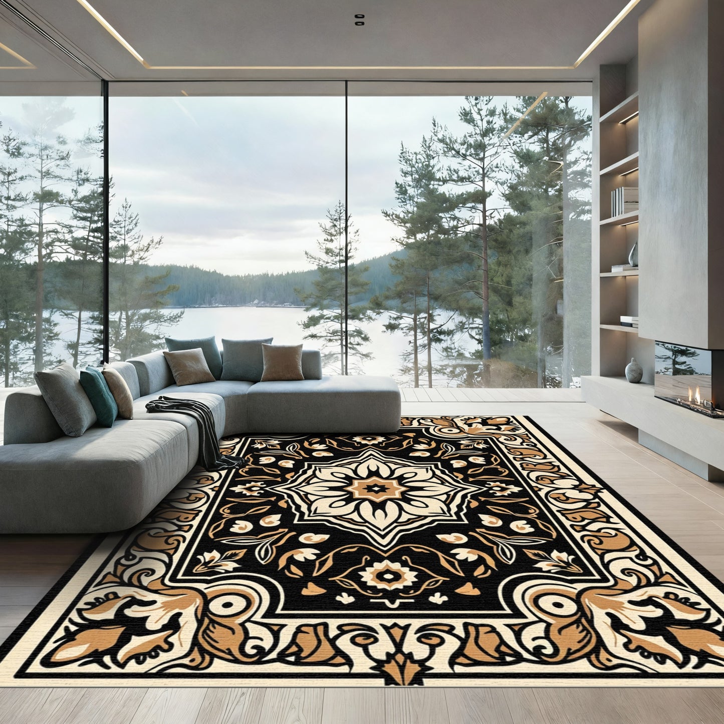 Intricate Black Gold Floral Medallion Rug