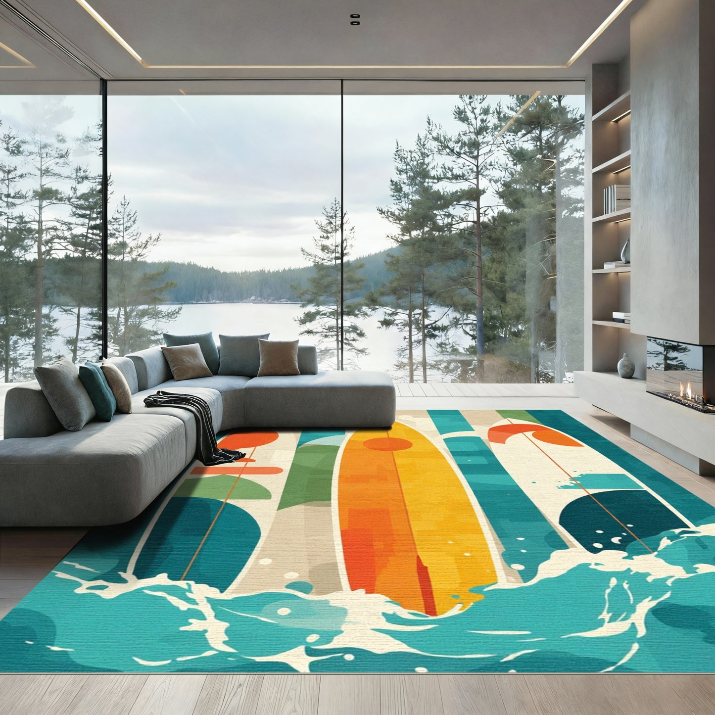 Abstract Surfboard Ocean Wave Triptych Rug