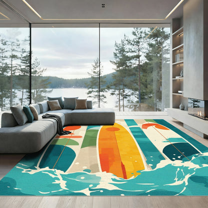 Abstract Surfboard Ocean Wave Triptych Rug