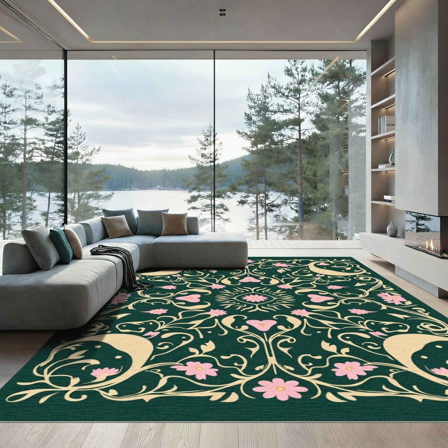 Whimsical Pink Floral Vine Medallion Rug