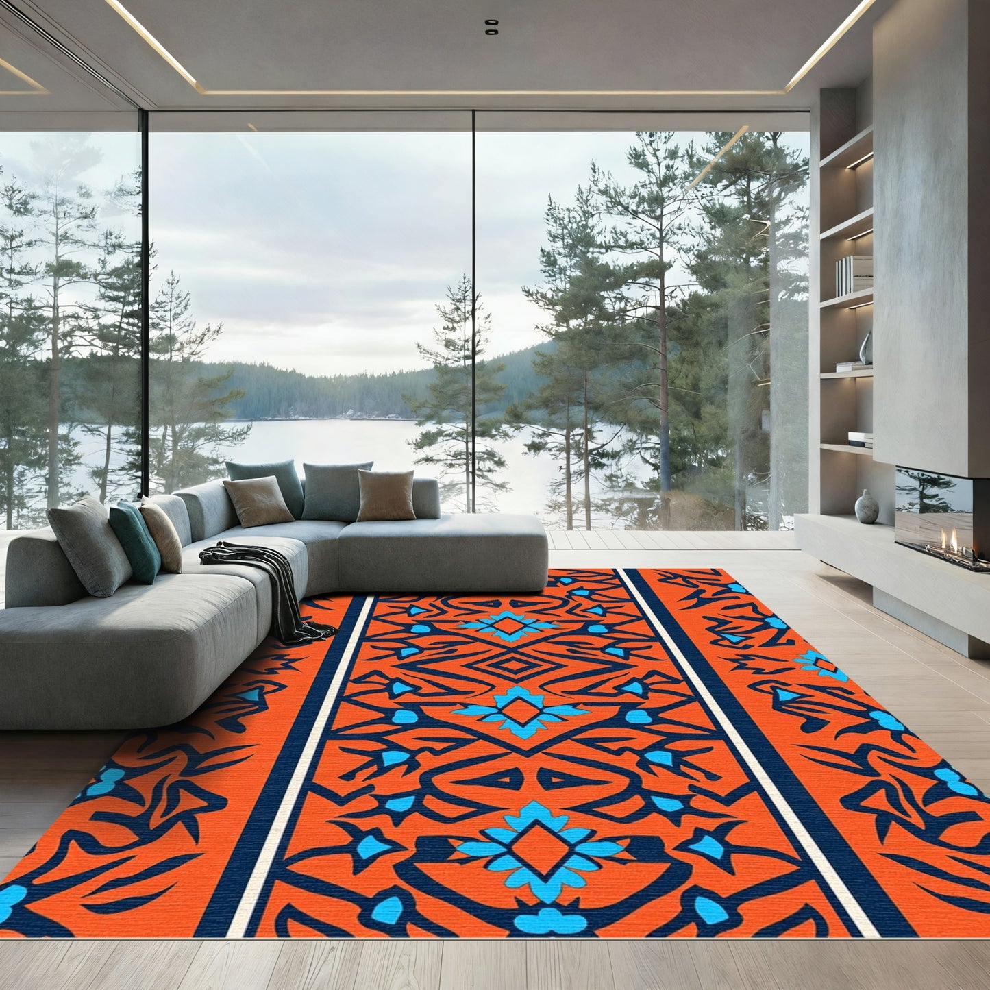 Orange Blue Abstract Floral Border Rug