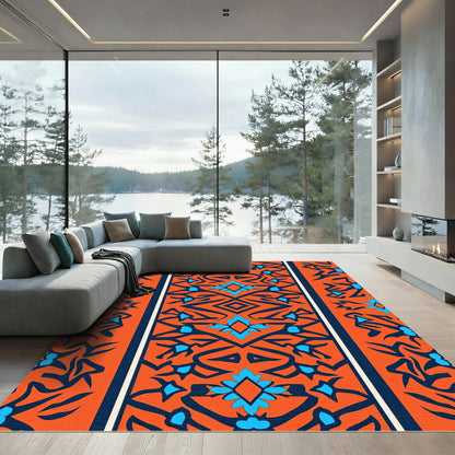 Orange Blue Abstract Floral Border Rug