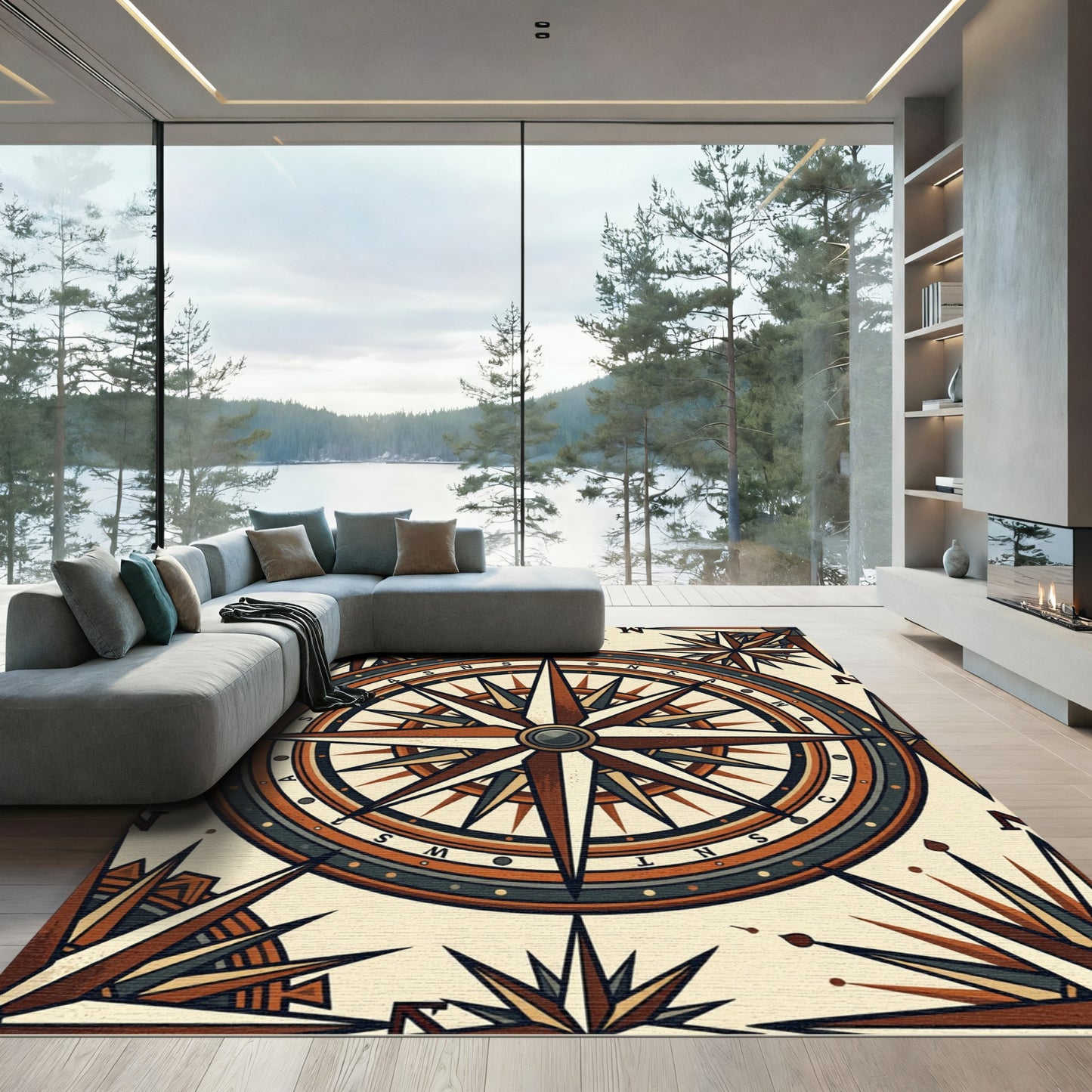 Vintage Compass Rose Earthy Gold Artwork Rug