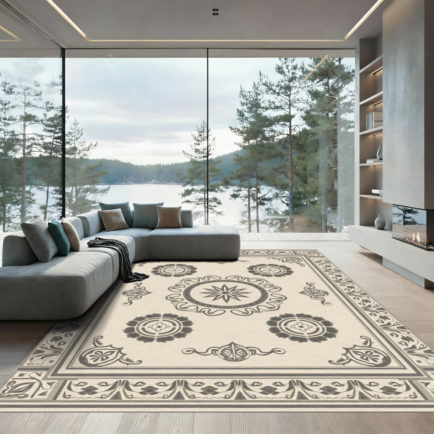 Cream Charcoal Floral Medallion Central Star Rug