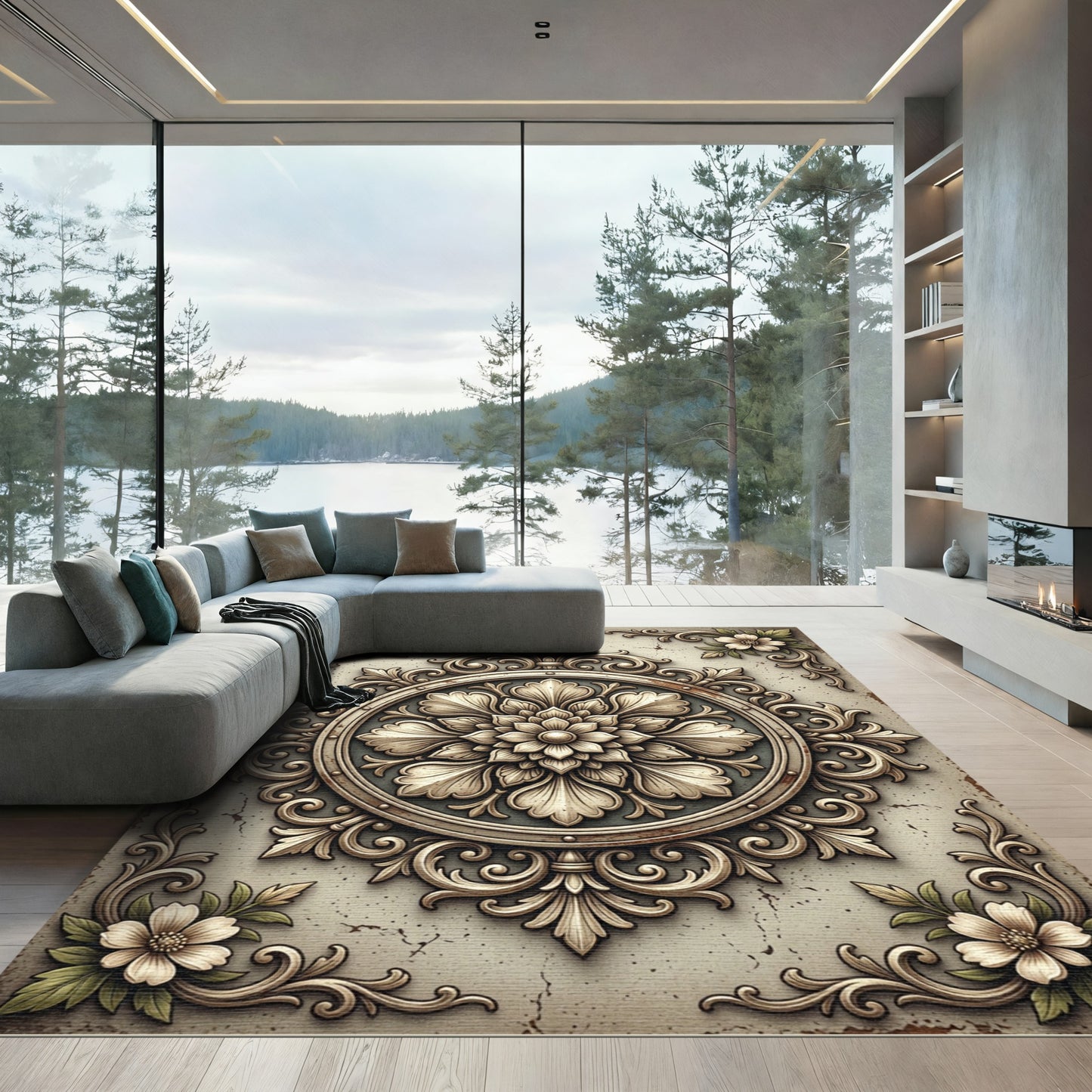 Antique Ivory Baroque Floral Medallion Rug