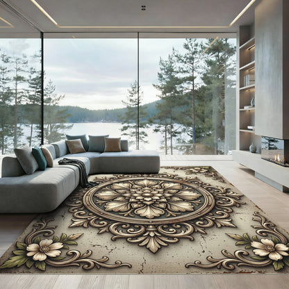 Antique Ivory Baroque Floral Medallion Rug
