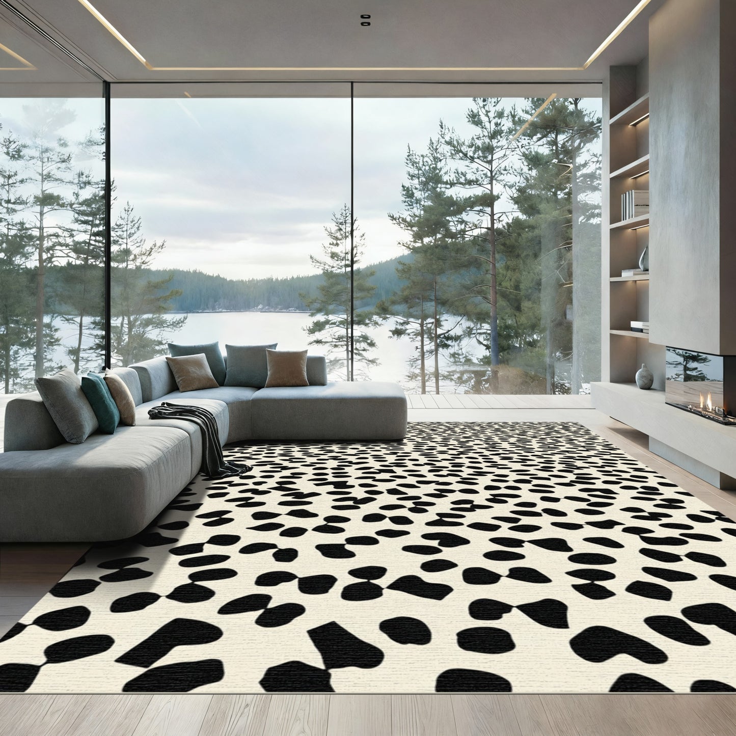 Cream Black Scattered Polka Dots Rug