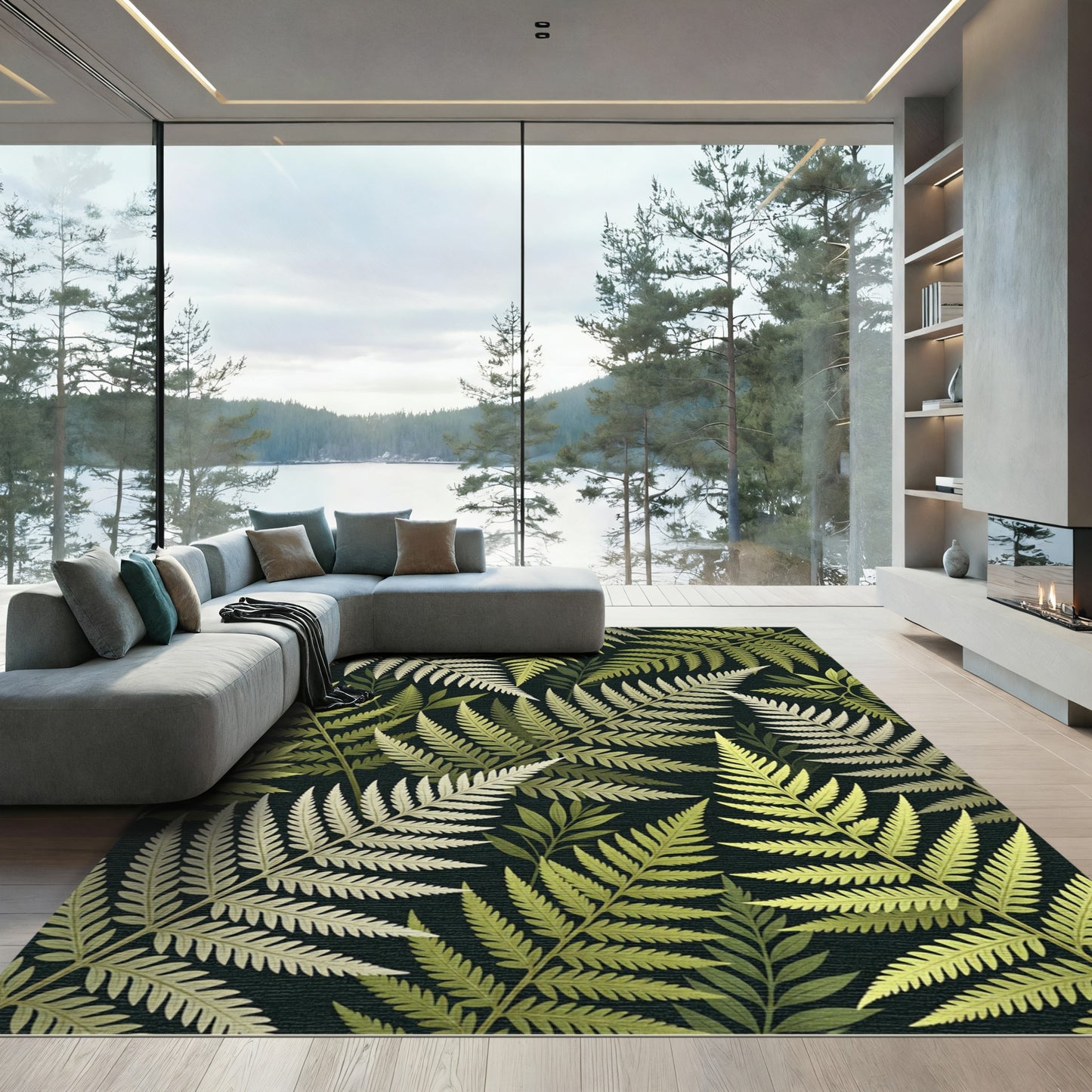 Forest Green Fern Leaf Arrangement Rug