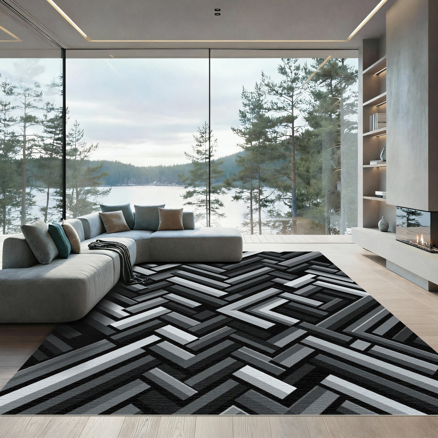 Monochrome Interlocking Geometric Lines Rug