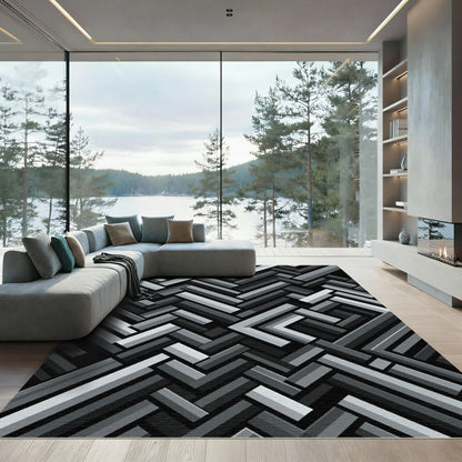 Monochrome Interlocking Geometric Lines Rug