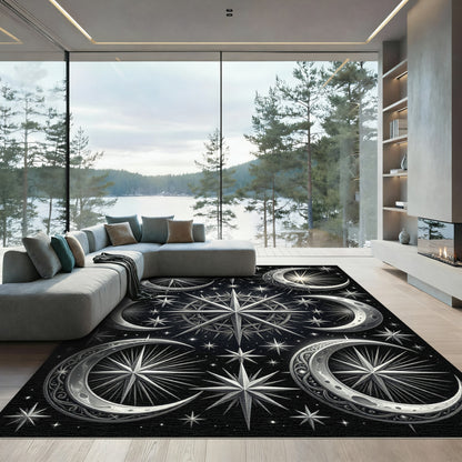 Celestial Silver Moon and Star Night Rug