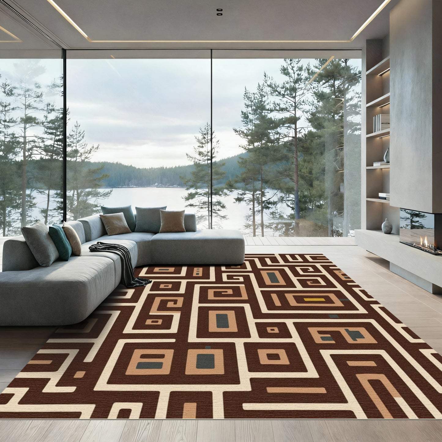 Brown Cream Geometric Labyrinth Rug