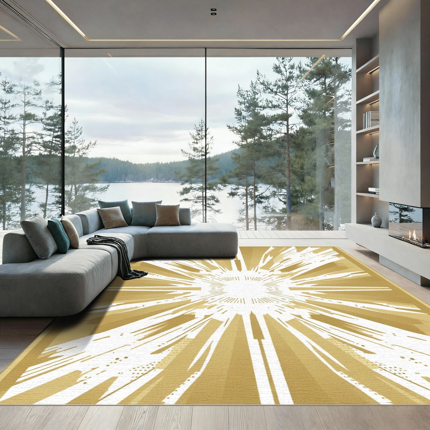 Radiant Gold Sunburst Geometric Rug